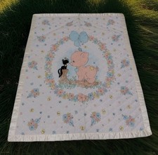 Vintage Precious Moments Floral Piggy  Skunk Quilted 42x35 Baby Blanket NWOT