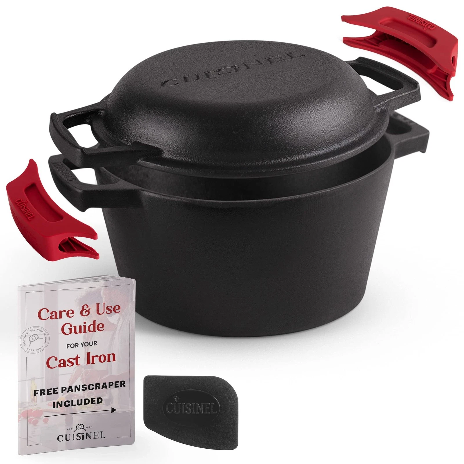 Cast Iron Dutch Oven - 3-Quart Deep Pot - Pre-Seasoned 2-in-1 Multi-Cooker - ...