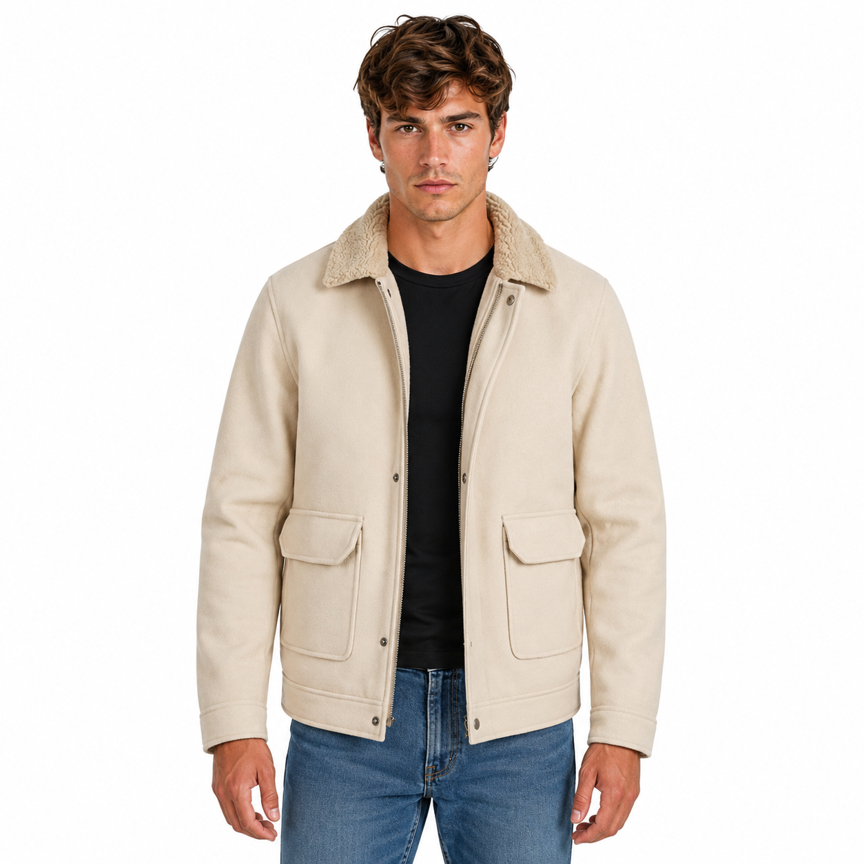 Men’s Sherpa Collar Jacket Beige, Wool Blend Button Up Jacket, Casual Coat