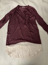 ULLA JOHNSON Silk Pleated Tunic Blouse Long Sleeve Split Neck Burgundy Cream