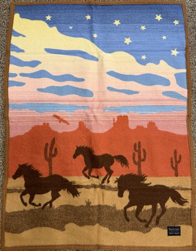 PENDLETON Southwestern Wild Horses Print Wool Blanket USA Beaver State 40" X 30”