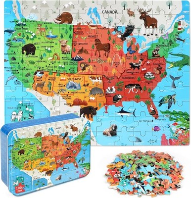 LELEMON United States Puzzles for Kids Ages 4-8,100 Pieces USA Animal Map...
