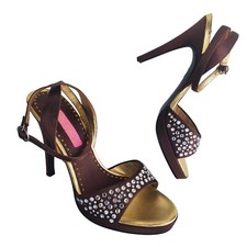 Betsey Johnson Cristie Platform Heels 7 Strappy Rhinestone Brown Gold Open Toe