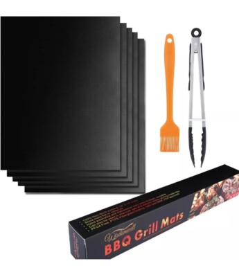 WISDOMWELL BBQ Grillmatte 5er Pack Antihaftfrei 12'' Grillzange und Silikonbürste