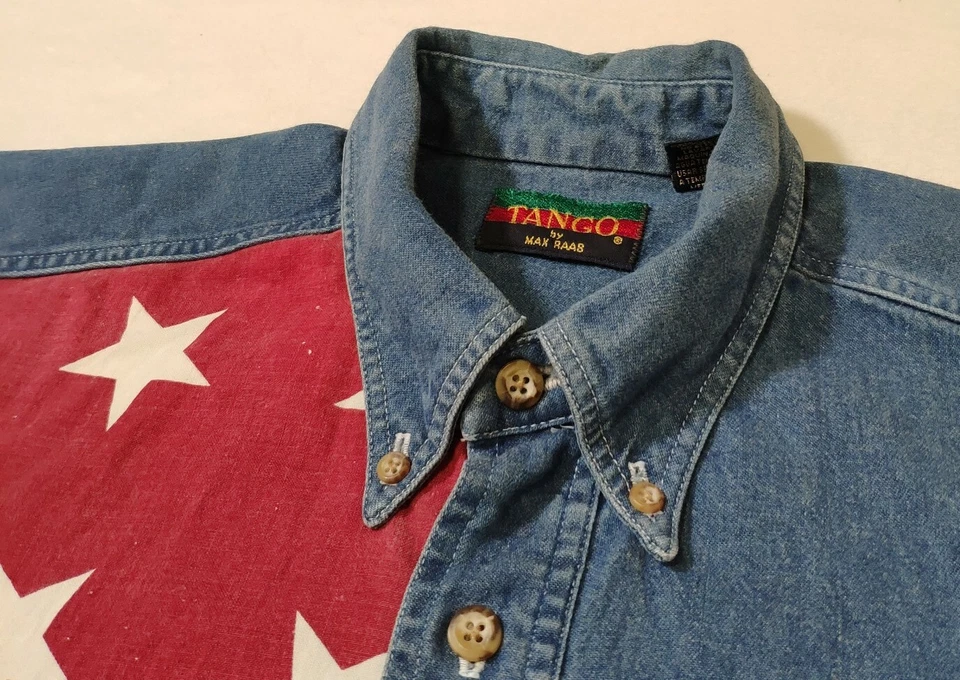 Tango By Max Raab Button Down Shirt Denim Short Sleeve Red White Star Mens Large - Image 3 of 4