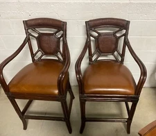 2 Frontgate Cayman barstools Rattan Back Leather BAR 30" Seat Hght kitchen brown