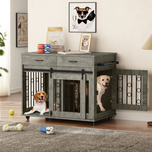 Dog Crate Furniture 39 inch Wooden Indoor Dog Kennel w/ Divider Room and Drawers