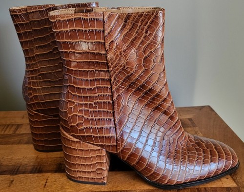 Croc Leather Brown Heeled Boot Booties 