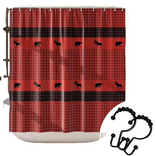 Burgundy Plaid Shower Curtain Hooks - Set Of 12 Rustproof Rings With Wood Grain Design - View #4