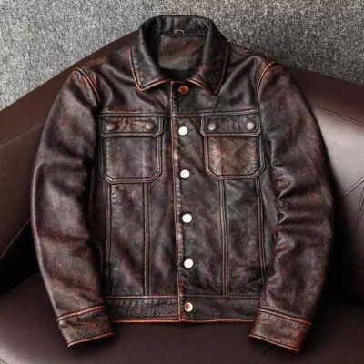 Vintage brown cowhide jacket Men genuine leather coat casual leather Jacket