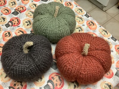 Handmade Knit Knitted Pumpkin Orange Green Brown You Pick Fall Farmhouse Decor 