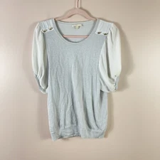 BETU womens size 6 (42) sparkly silver white puff sleeve gold button blouse