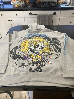 MENS Ed Hardy Hoodie Gray Retro Skull Fleece Streetwear GRAY L LARGE NWT