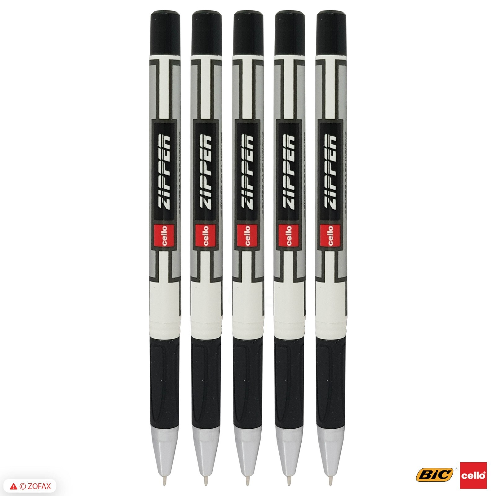 5 x BIC CELLO Zipper 0.7mm BLACK Ballpoint Pens Better Grip Super Fast