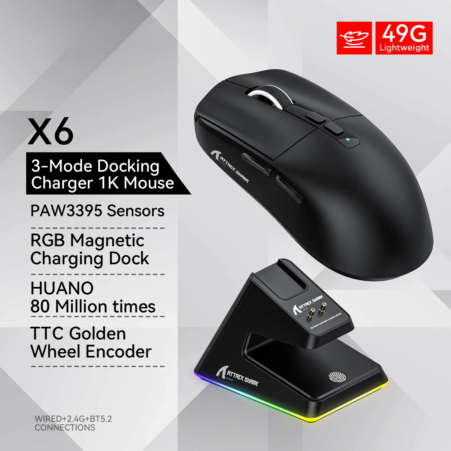 X6 PAW3395 Tri-Mode Bluetooth Mouse with RGB Touch Magnetic Charging Base