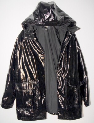  PULL & BEAR Damen Schwarze Regenjacke + Kapuze Regen Jacke Mantel ca 40 / M