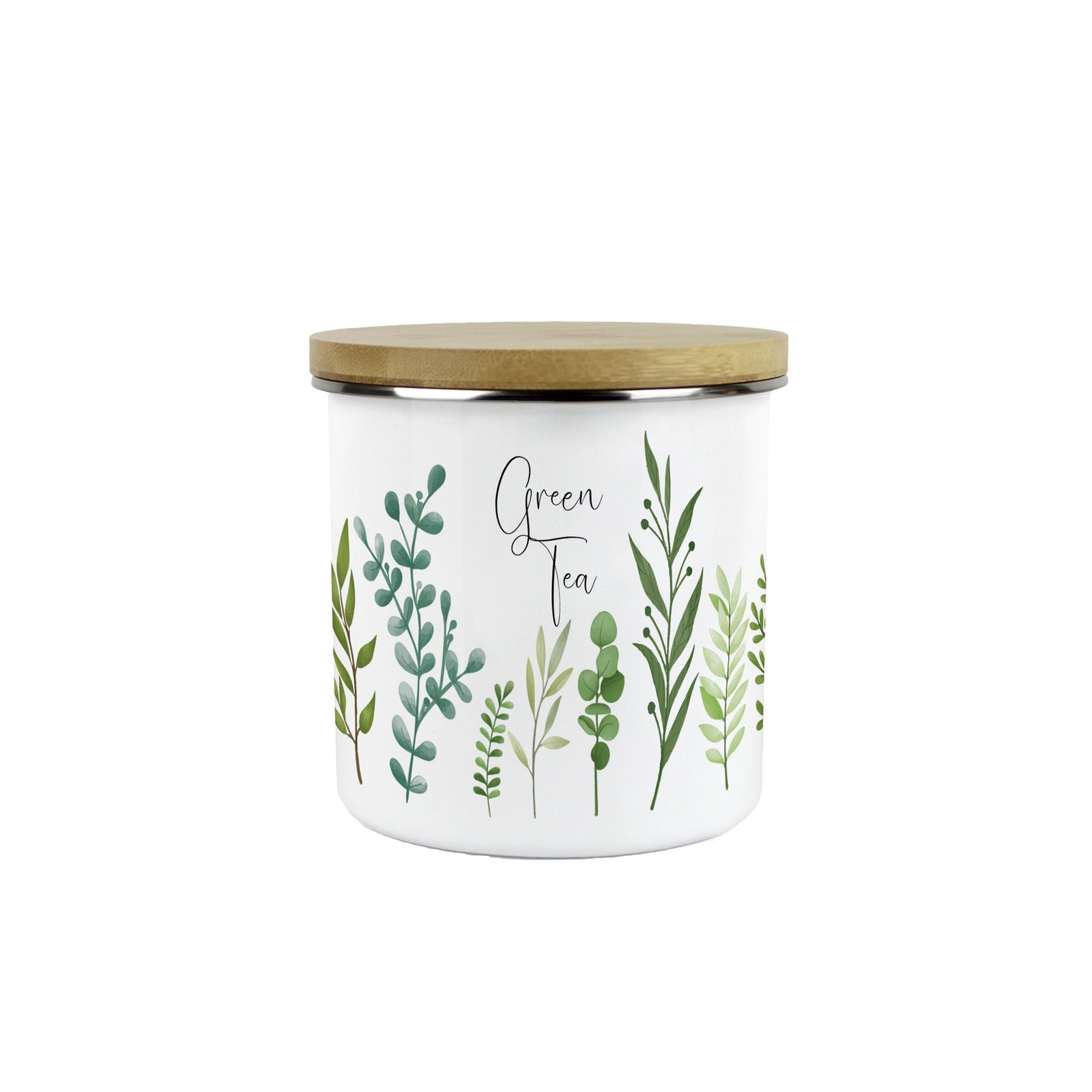 Green Leaves Green Tea Canister - Kitchen Medium Enamel Storage Jar Gift