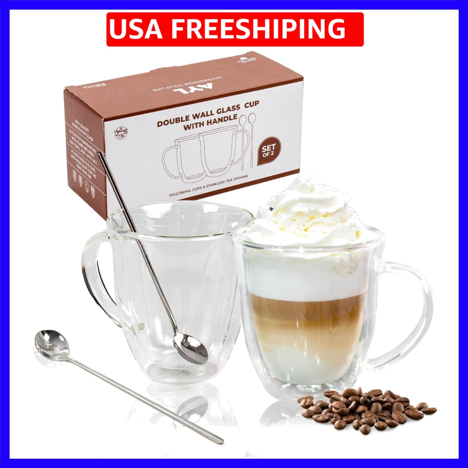 Double Wall Glass Coffee Mugs - 13 oz Insulated Clear Latte Mugs Set of 2, Pe...