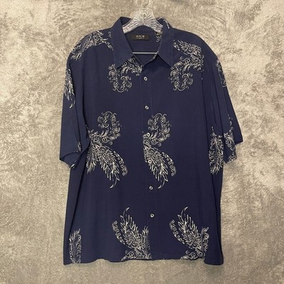 Axis LA Men 100% Silk Paisley Hawaiian Resort Short Sleeve Button Shirt L Blue