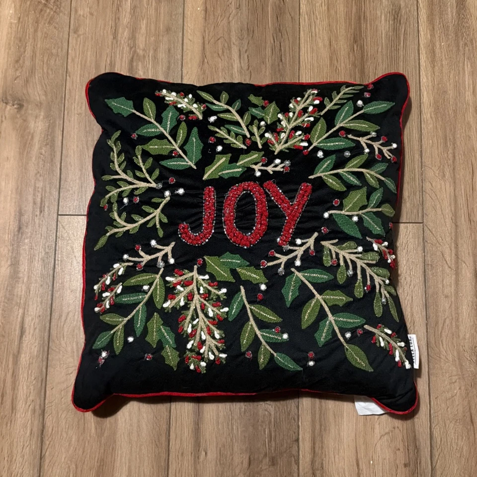 Bella Lux Hand Felted Pillow JOY Christmas Holiday Wreath Red 20x20 inch - Image 2 of 4