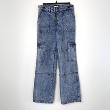 Acid Wash Baggy Cargo Jeans 29x32 Wide Leg Exposed Zip High Rise Retro
