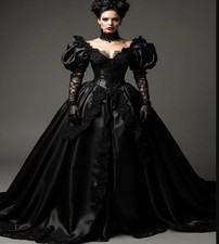 Medieval Witchy Black Gothic Wedding Dress ShortSleeve Lace Tudor Victorian Gown