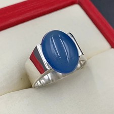 Yemeni Aqeeq Ring, Natural Blue Agate Rings, 925 Sterling Silver Men Aqeeq Ring
