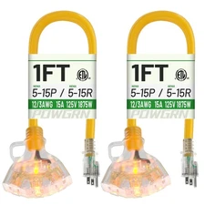 1 FT 2 Pack 12/3 Gauge Extension Cord with Multiple Outlets Outdoor, Outlet