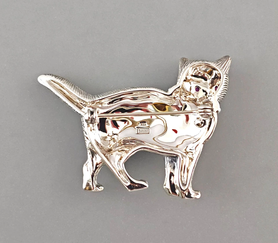 9923672 Spilla In Argento 925 Gatto Rubino Marcasite Perle Agata Verde 4x3,2cm - Immagine 2 di 2