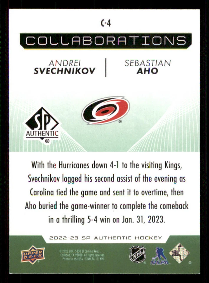 2022-23 SP Authentic Collaborations Green #C4 Andrei Svechnikov/Sebastian Aho - Image 2 of 2