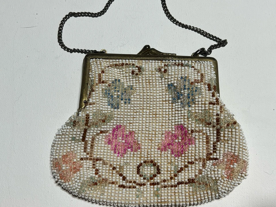 Винтажная сумочка женщин вечер застежки слоновой кости бежевый ручной работы цветы старинный кошелек - Изображение 3 из 4