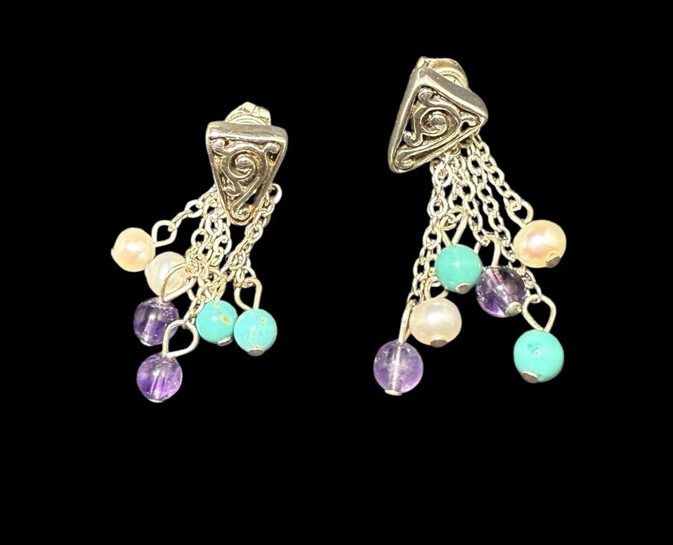 925 Silver Scrollwork Multi Gemstone Dangle Earri… - image 4