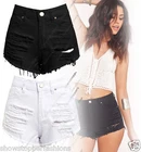 Size 6 8 10 12 14 NEW HIGH WAIST BLACK SHORTS Ladies DENIM RIP high WAISTED JEAN