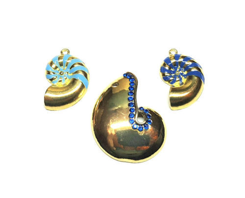 Dark Blue / Light Blue Glass Rhinestone Gold Nautilus Shell Charms / Focal - Picture 1 of 1