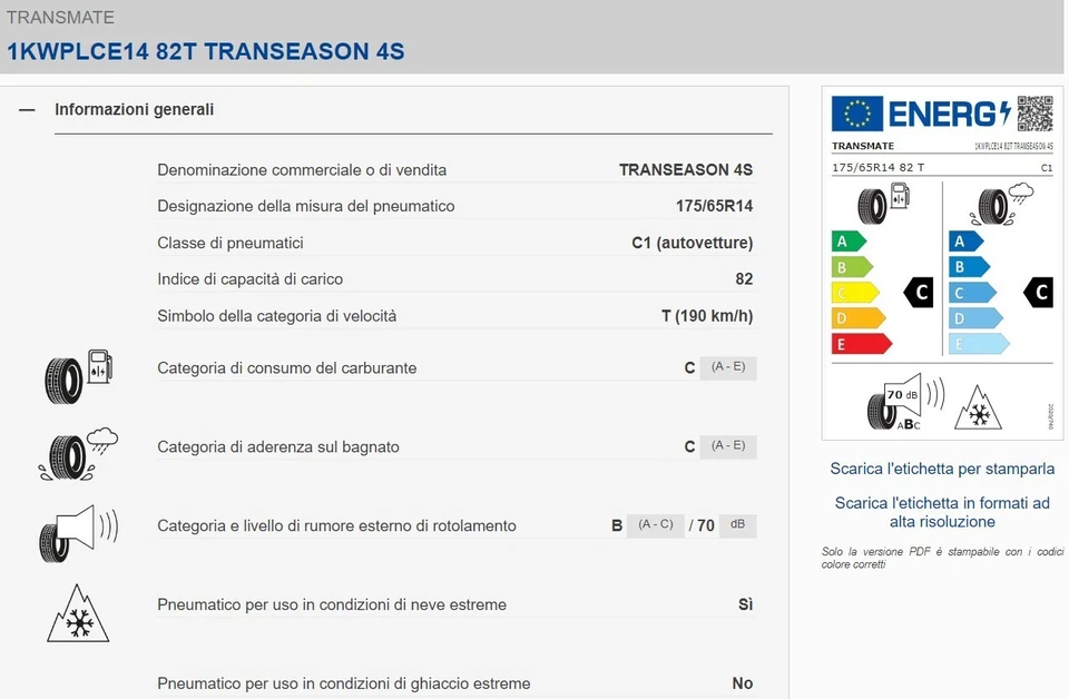 175 65 14 82 T 4 STAGIONI GOMME PNEUMATICI NUOVI TRANSMATE TRANSEASON 4S #63263 - Immagine 2 di 2