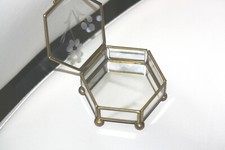 Vintage footed Glass Brass Trinket/jewelry Box w/Hinged Lid Etched Floral top