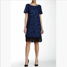 Adrianna papell Short Sleeves Lace Fringe Black Navy Blue 4 Dress New