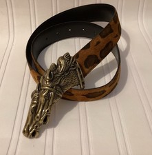 VTG SOLID BRASS HORSE HEAD BELT BUCKLE 4 w/ SUADE LEATHER BELT Sz M / L