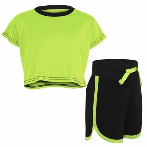 Kids Black Neon Green Crop Top And Shorts Set Active Wear Summer Girls Boys
Opens in a new window or