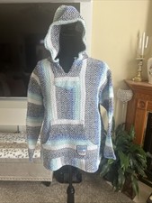 BAJA JOE Pullover Hoodie Woven Blanket Poncho Blue Aqua Medium Unisex Striped