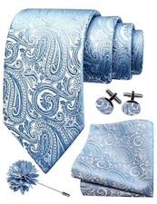 3.15"  8cm  Mens Tie and Lapel Pin Paisley Necktie Hankerchief Dusty Blue