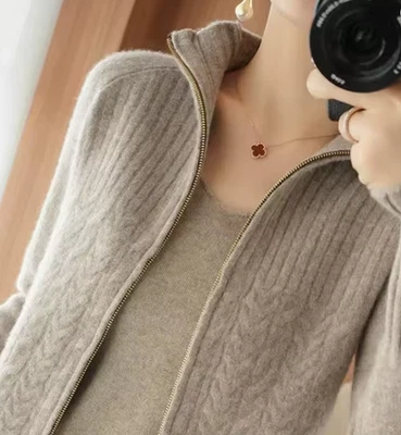 Cardigan Femme Beige Cachemire Mélange - Zippé - Torsadée Col Montant Pull Hiver - Photo 1/3