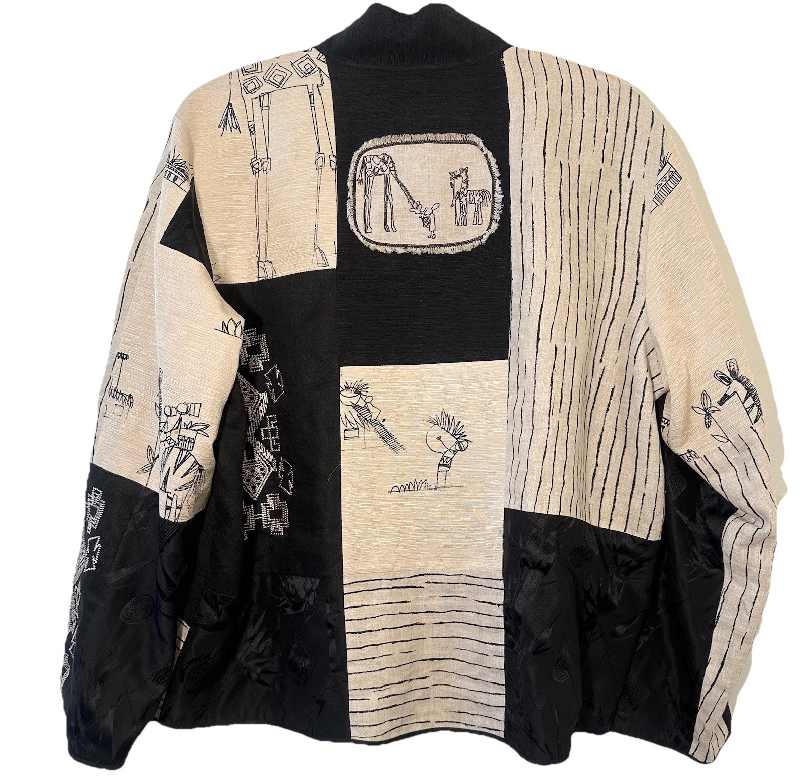 Chicos Linen Silk Patchwork Art Jacket Black Beig… - image 2