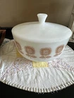 Vintage Federal Milk Glass with Sunflower Pattern 2.5 Qt Covered Casserole Dish