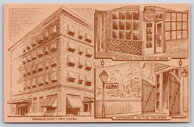 Frederick MD~Francis Scott Key Hotel~Tavern Gate~Coffee Room~1940s B&W Sketch PC