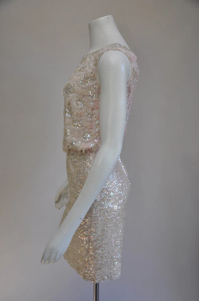 Vestido de novia de fiesta vintage años 60 arco iris iridiscente rosa azul con cuentas lentejuelas XS Foto 4 de 4