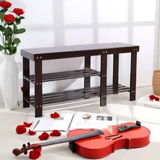 3-Tier Shoe Bench With Storage - Bamboo, Coffee Color & Strip Pattern