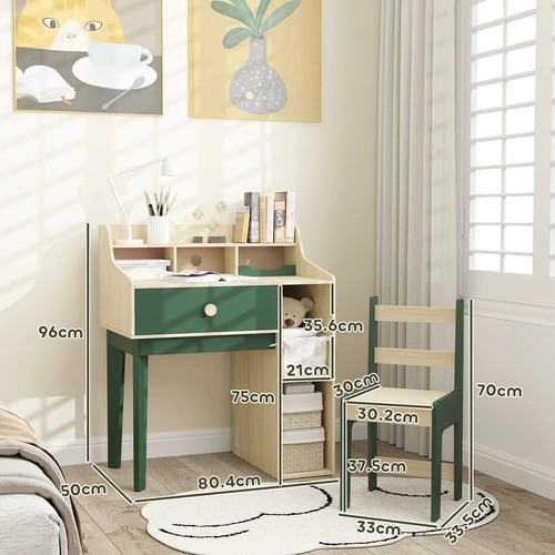Kids Desk Chair Set Storage Shelves Drawer Adjustable Height Study Table Green - Picture 3 of 12