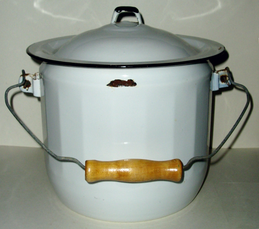 Vintage Old Porcelain Enamelware CHAMBER POT Bucket Lid Wood Handle eBay