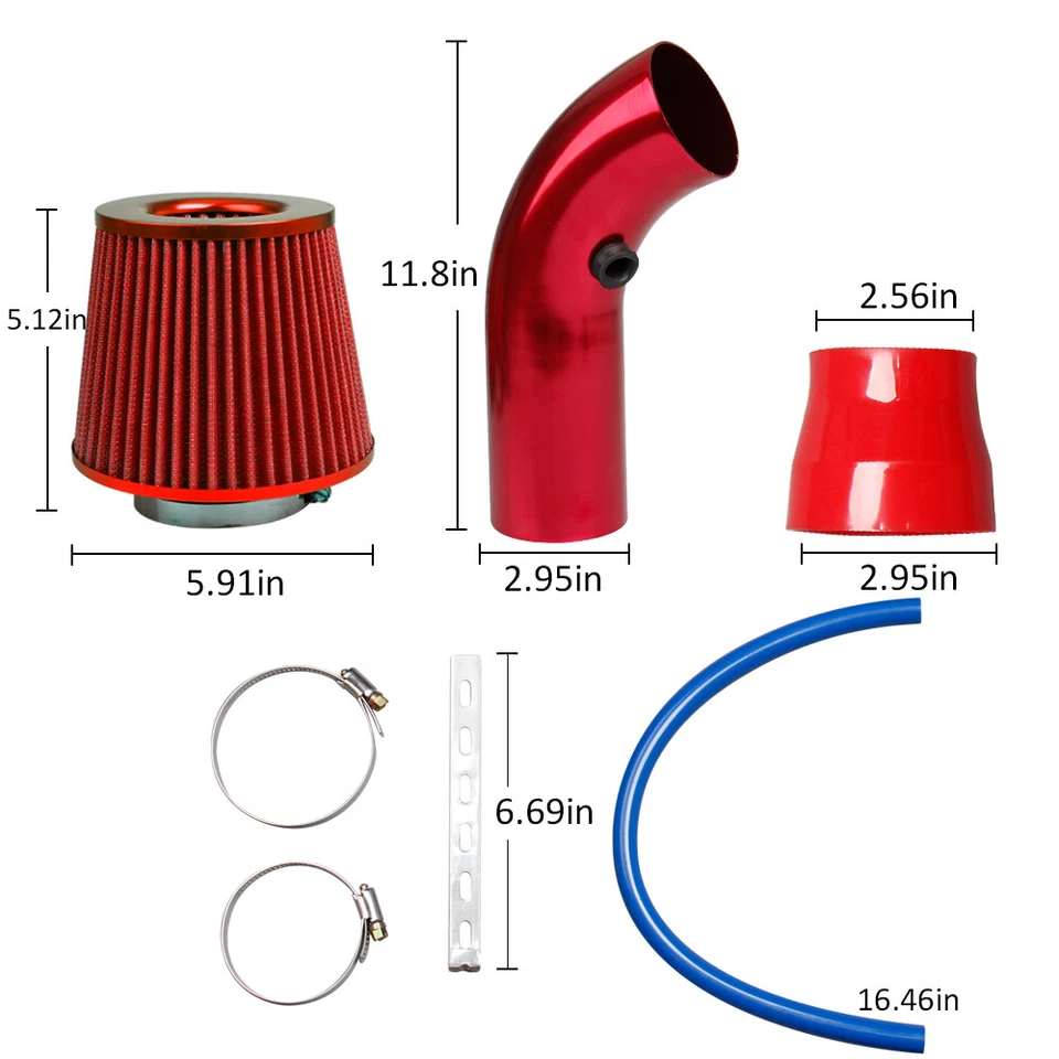 Kit de admisión de aire frío de aleación de aluminio tubo rojo diámetro 3" se adapta a motor de coche NUEVO Foto 3 de 4